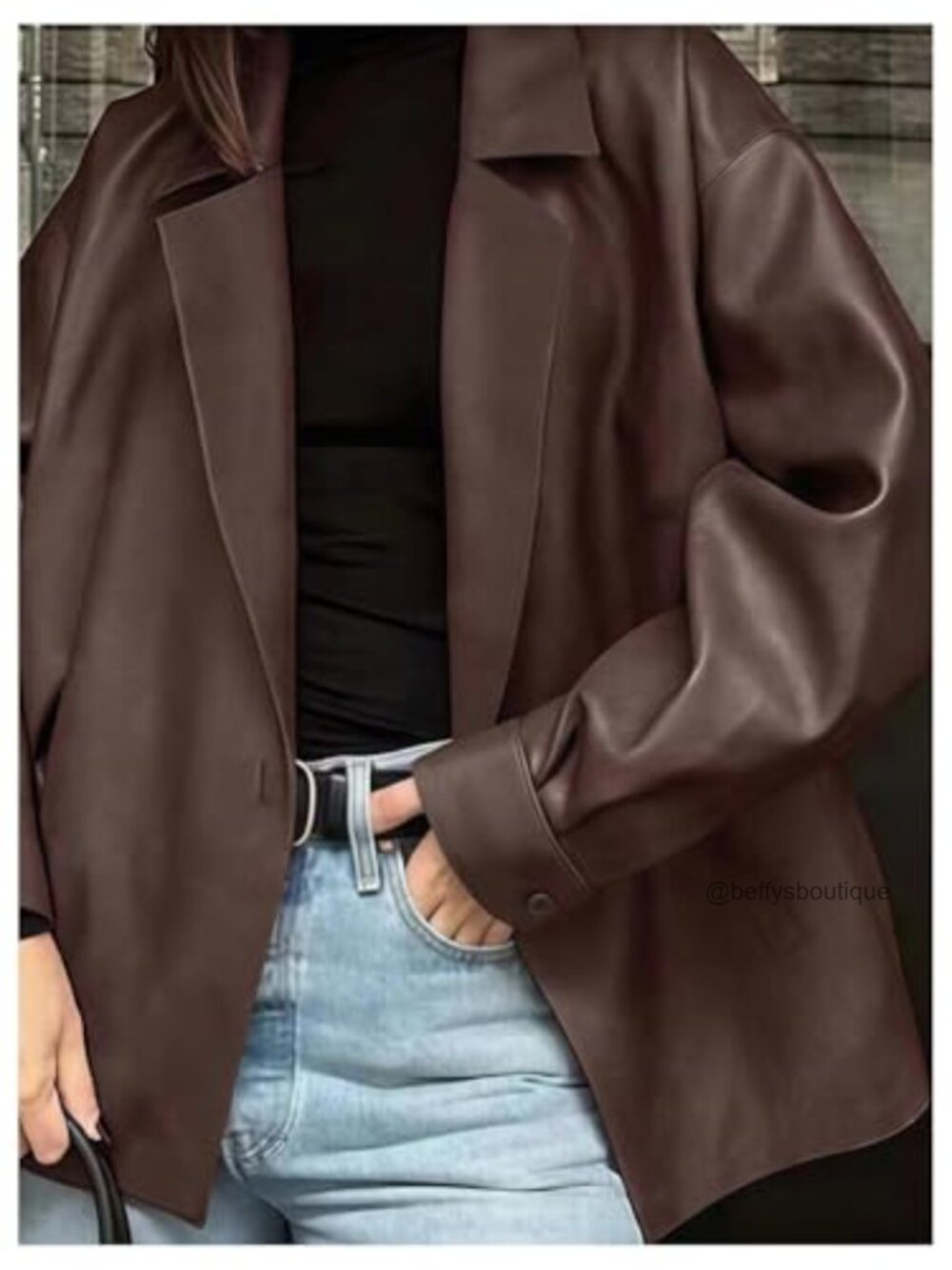 Faux Leather Lapel Collar Blazer Open Front Oversized Business Work Jacket - Picture 4 of 4